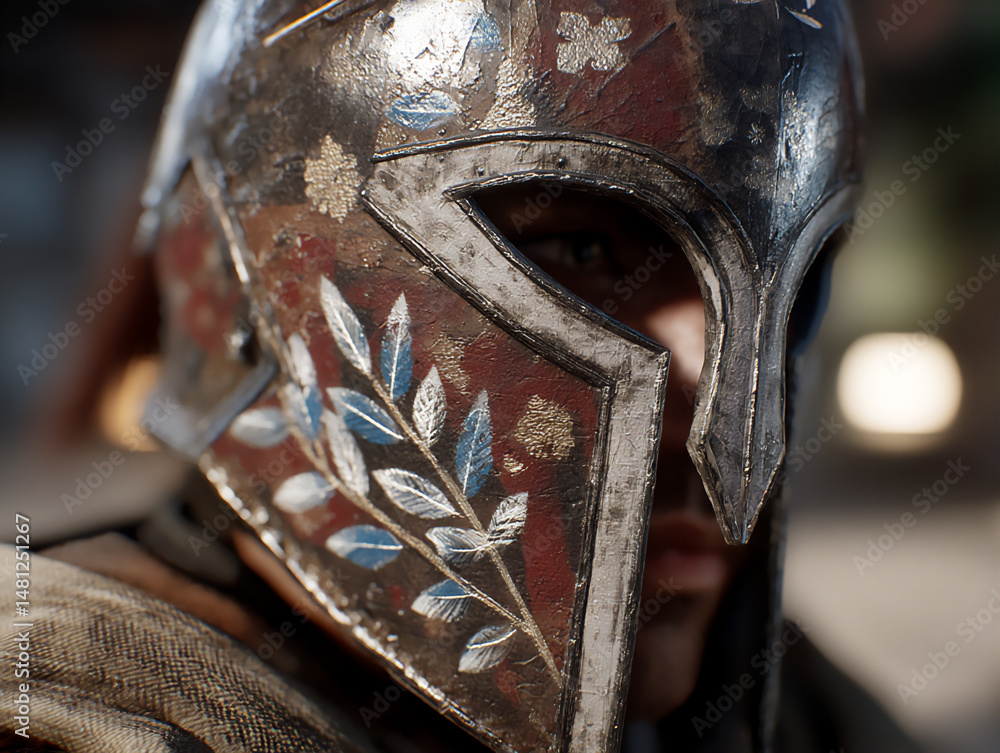 Poster intricate 3d rendering of an athenian helmet with owl motifs and olive leaf patterns in silver inlay