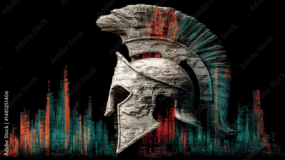 Poster surreal 3d rendering of a spartan helmet floating in a futuristic cityscape with neon lights reflect