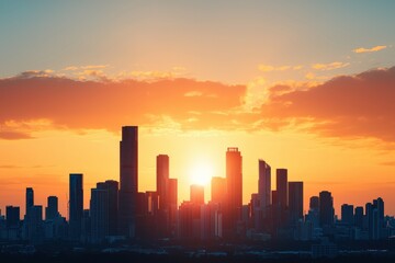 Fototapeta premium Golden sunrise illuminating modern city skyline with soft clouds