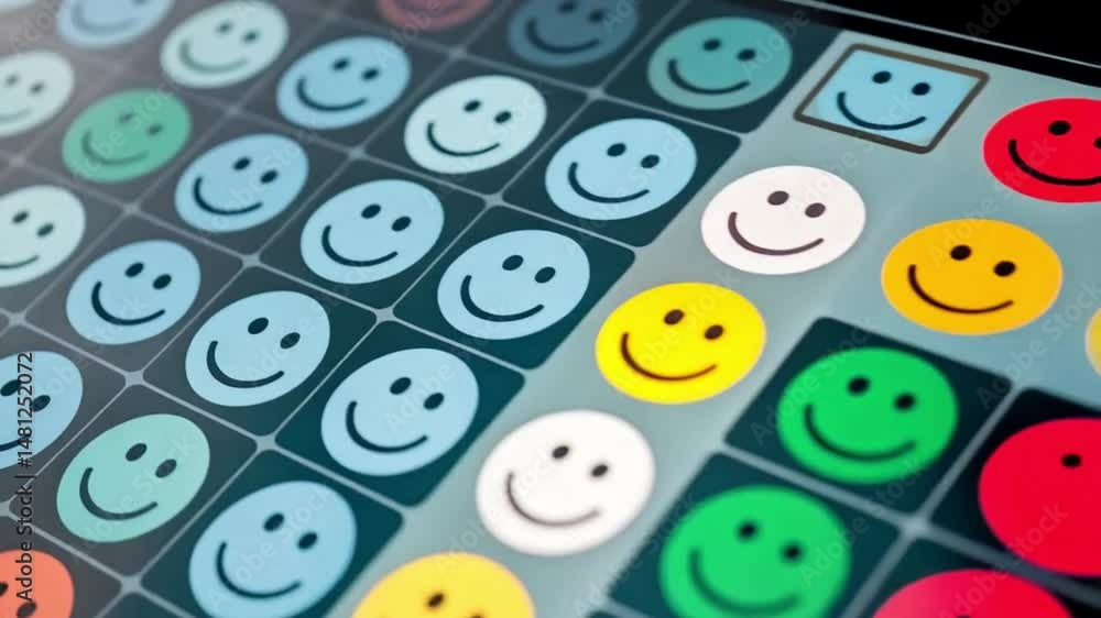 Poster A hand touches a screen filled with rows and columns of colorful smiling face icons on a dark background