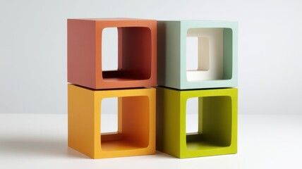Mid-century modern retro furniture with functional. Four colorful, hollow cubes are stacked in a 2x2 arrangement on a white surface against a light background.