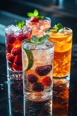 Four refreshing glasses filled with colorful fruit-infused sparkling drinks garnished with mint leaves on a dark reflective surface, evoking a cool and vibrant atmosphere