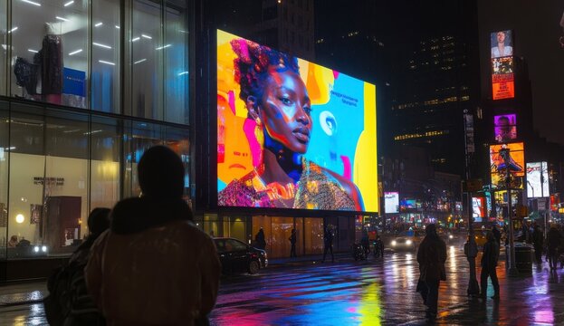 A Colorful Portrait of a Person on a Large Outdoor Advertisement in a Rainy Urban Setting at Night
