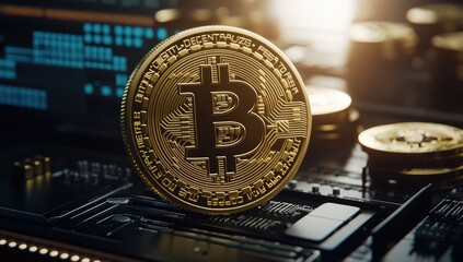 Golden Bitcoin coin rests on circuit board, amidst digital code.  High-tech, futuristic cryptocurrency concept