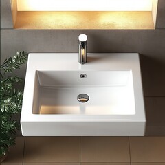 Fototapeta premium Modern white rectangular bathroom sink with chrome faucet mounted on grey countertop and green potted plant nearby under warm light