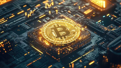 Golden cryptocurrency coin on a glowing circuit board
