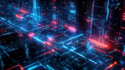 Fototapeta premium Futuristic digital cityscape composed of glowing blue and red neon grid lines and geometric shapes representing data streams and technology networks