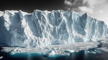 Massive glacier with rugged ice formations floating on cold ocean water under a cloudy sky