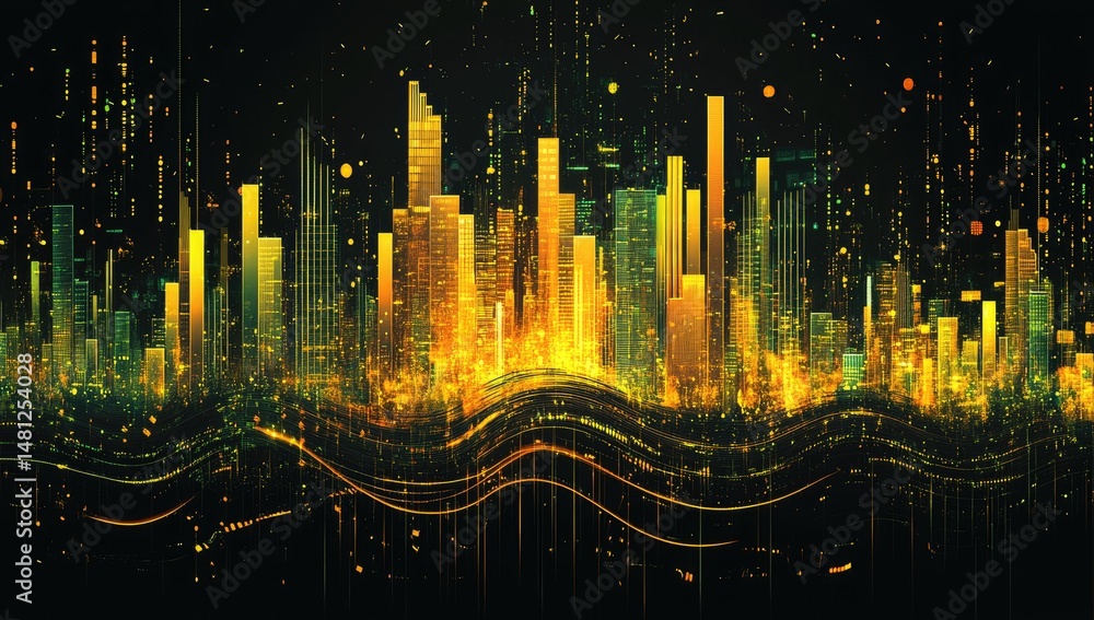 Poster digital cityscape, glowing with golden light, dynamic lines and structures
