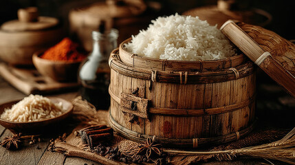 Steaming white rice in a wooden container, with spices and bowls nearby