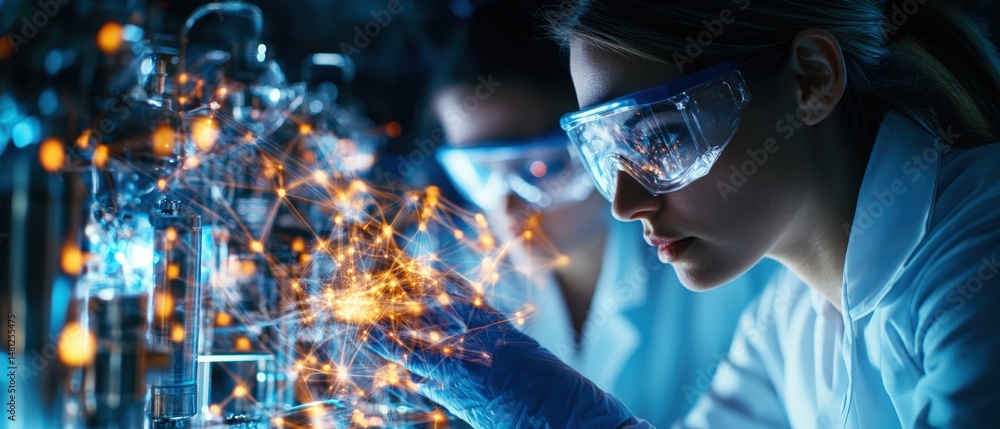Poster female scientist in lab coat examines a complex digital network interface with focused determination