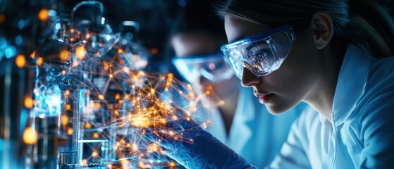 Female scientist in lab coat examines a complex digital network interface with focused determination.