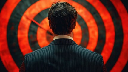 Man in pinstripe suit facing a large red and black concentric circular target, evoking focus and determination