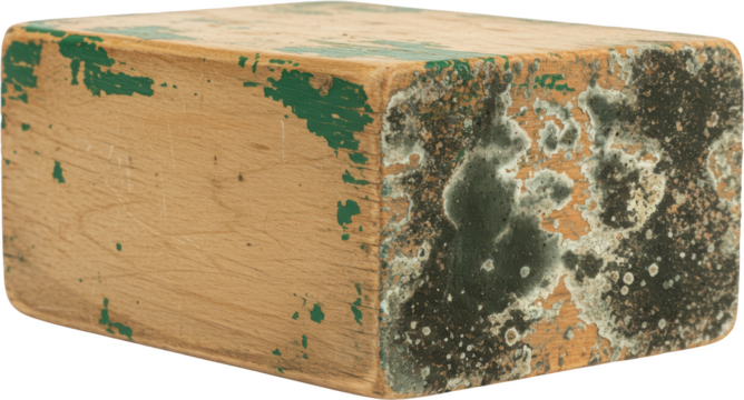 Weathered Wooden Block with Mold and Peeling Green Paint Rustic Texture