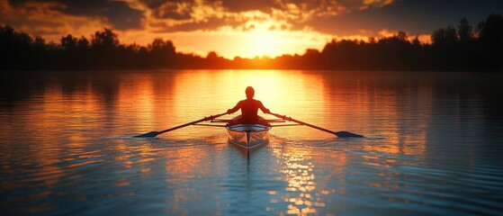 Person rowing a single scull boat on calm water during a vibrant sunset with golden reflections and silhouetted trees in the background