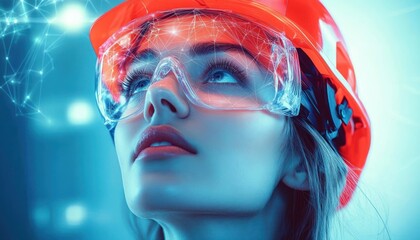 Close-up of a woman wearing transparent safety goggles and a bright orange hard hat looking upwards with a focused and determined expression against a blue glowing technological background