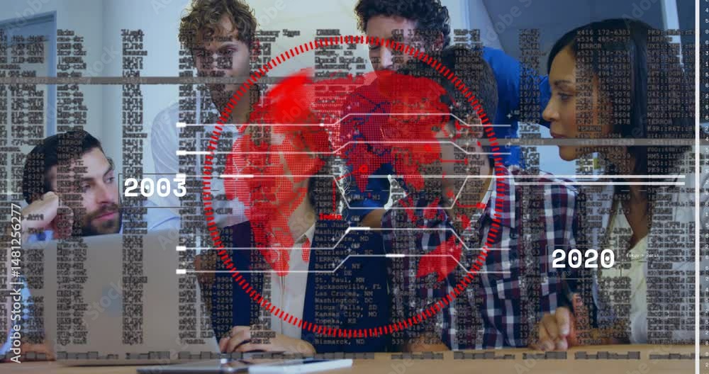 Poster technology team collaborating around table, overlaying red digital world map with code timeline