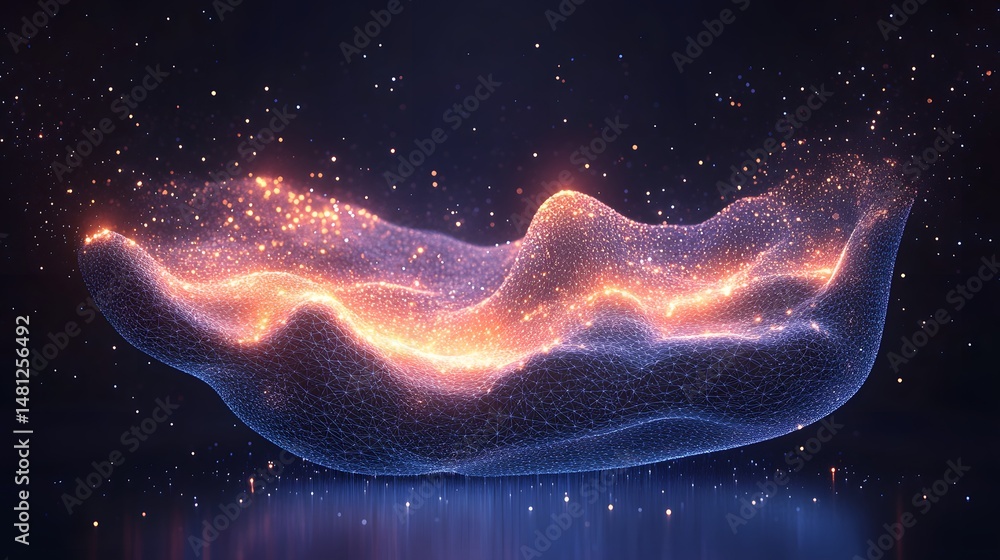 Poster Dynamic low-poly mesh with warm orange particles dispersing from the top, transitioning to cool blue. An ethereal scene suggesting energy and connectivity. Abstract wireframe in dark blue
