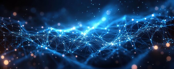 Fototapeta premium Abstract digital network of interconnected glowing blue nodes and lines creating a dynamic futuristic web with soft light bokeh effects