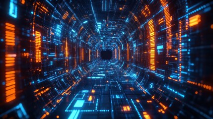 Fototapeta premium Futuristic digital tunnel glowing with electric blue and orange data streams forming a high-tech, immersive cyber corridor