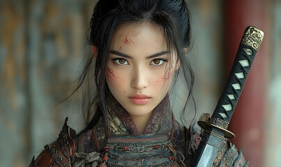 A young woman, possibly a warrior, with dark hair and intense eyes, wears weathered samurai armor and carries a katana.  Her face shows signs of battle