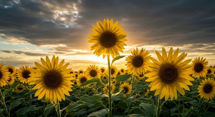 Fototapeta premium Radiant sunflowers basking under the glow of a captivating sunrise horizon
