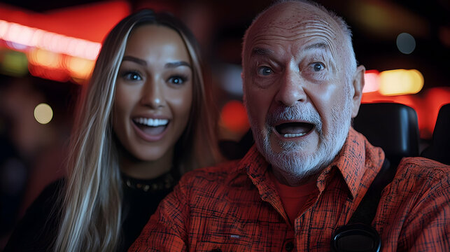 A young woman and an older man react with surprise and excitement, captured in a close-up shot.  Their expressions are vivid, conveying a shared moment of awe