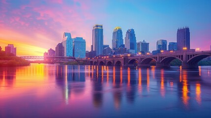 Fototapeta premium City skyline at vibrant sunrise over river