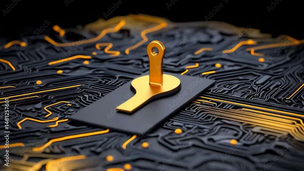 Poster golden key to innovation: a golden key shaped like a lightbulb rests on a circuit board, symbolizing