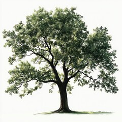 Fototapeta premium Large tree with abundant green leaves and sturdy trunk standing alone on grass under clear sky