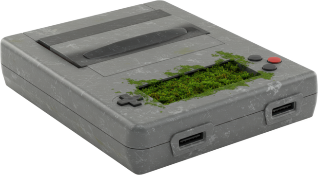 Overgrown Retro Gaming Console Mossy Vintage Game System Decaying Technology Nature Reclaiming