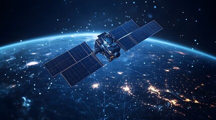 A detailed satellite orbits Earth, its solar panels gleaming as it powers a global network of communication. City lights illuminate the planet below. Abstract wireframe in dark blue.