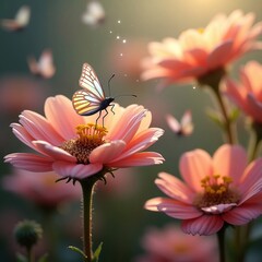 A delicate butterfly rests gently on a vibrant pink flower, bathed in soft sunlight. Other butterflies gently flutter in the background.