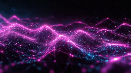 Fototapeta premium Abstract digital landscape of interconnected glowing pink and blue points forming wave-like grid patterns on a dark background, evoking futuristic technology and data flow
