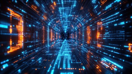 Obraz premium Futuristic digital tunnel with glowing blue and orange circuit-like patterns creating a high-tech immersive corridor effect