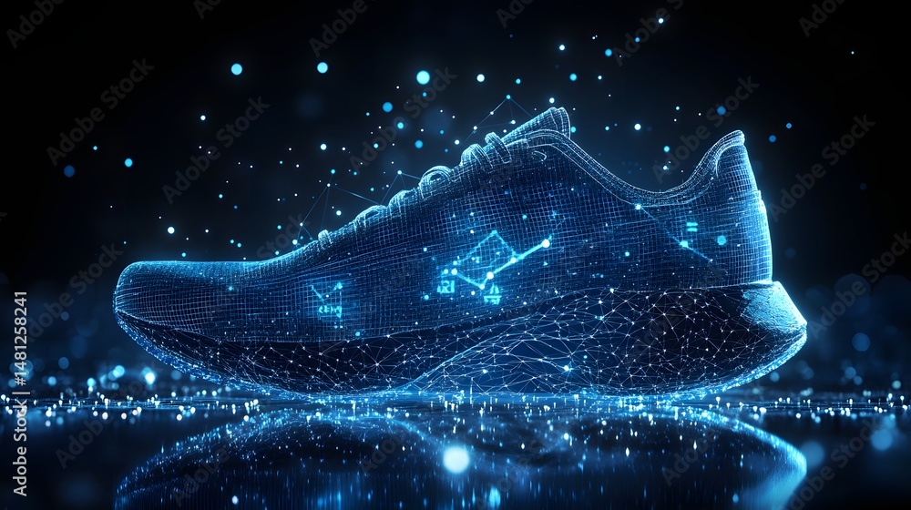 Poster futuristic sneaker illustration showcasing a glowing blue wireframe mesh design. reflective surface 