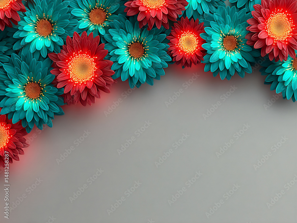 Poster surreal and vibrant 3d rendering on a white background with soft grey shadows, featuring glowing neo