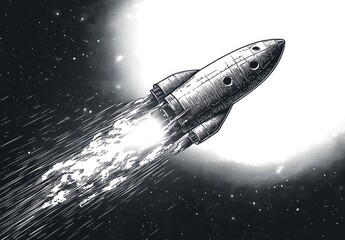 Fototapeta premium Black and white illustration of a retro rocket ship blasting off into outer space with bright flames and starry background conveying exploration and adventure