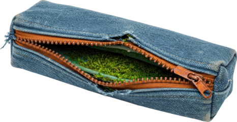 Worn Denim Pencil Case with Moss Inside Rustic Vintage Zipper Pouch Textured Fabric