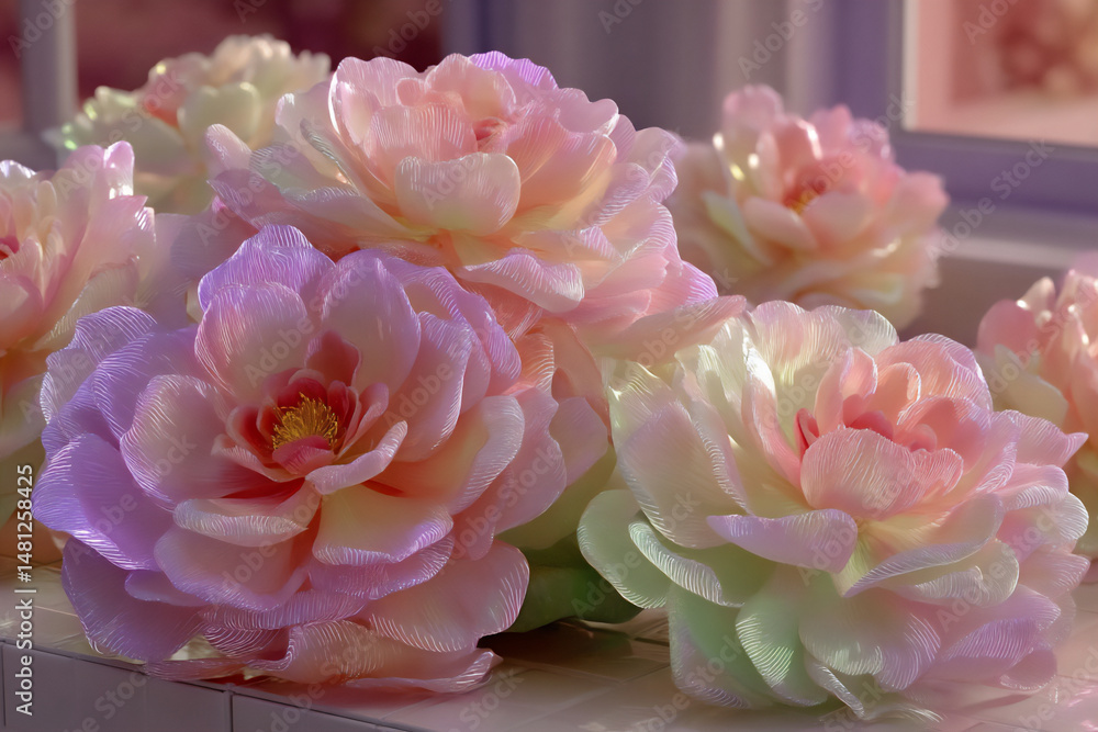 Aufkleber surreal and vibrant 3d rendering on a soft peach background, featuring a collection of glowing succu