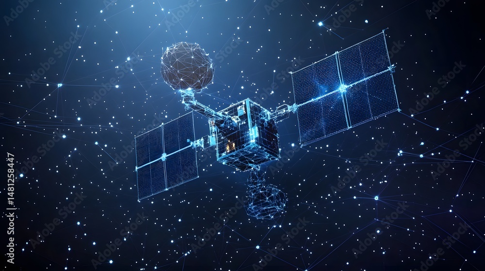 Aufkleber Futuristic satellite amidst a network of glowing data points, solar panels extended. High-tech communication, innovation concept. Abstract wireframe in dark blue.