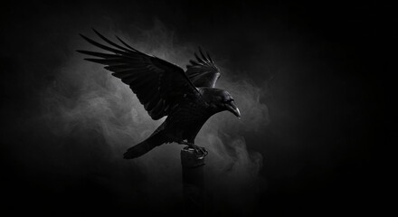 Fototapeta premium Majestic Raven in Flight A Monochrome Masterpiece of Avian Power and Mystery
