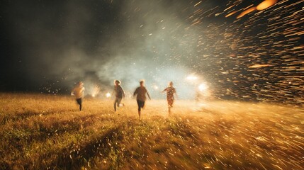Nighttime scene of people running through a field of tall grass.