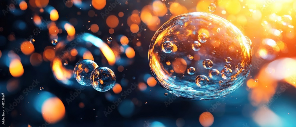 Poster abstract glowing spheres with bubbles create a dynamic and mesmerizing visual composition of light.
