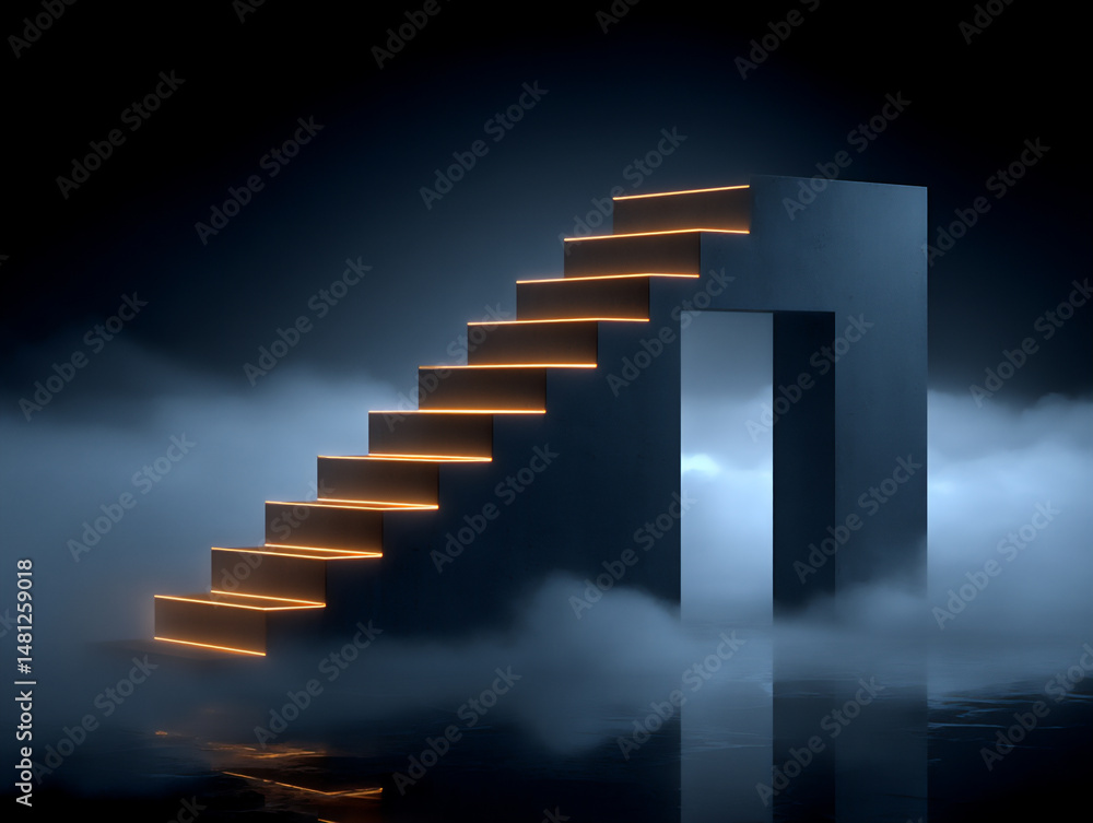 Poster futuristic and abstract 3d rendering of a pathway emerging from a dark cloud filled with glowing neo