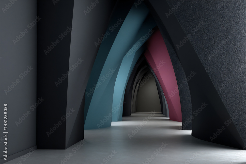 Poster futuristic and abstract 3d rendering of a straight pathway extending into a dark abyss, illuminated 