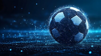 Futuristic soccer ball design with digital web backdrop. Ideal for sports tech concepts, gaming, and digital integrations. Evokes innovation and modern athleticism. Abstract wireframe in dark blue.