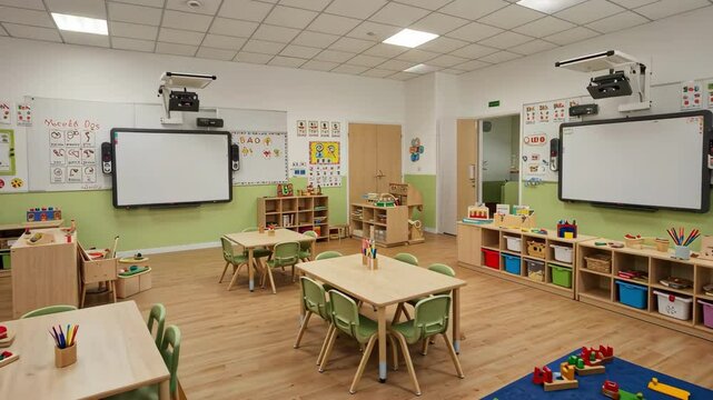 Bright and organized kindergarten classroom setting with modern furniture.