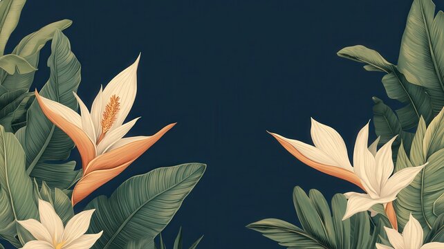 Bold Arrangement of Tropical White Flowers and Lush Green Leaves on a Dark Navy Blue Background