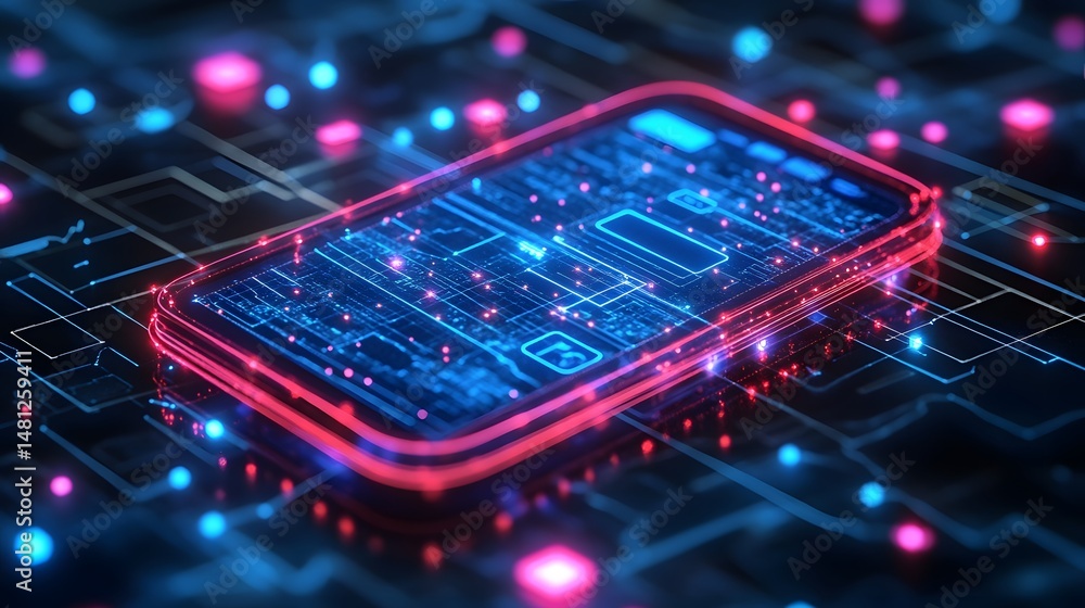 Aufkleber futuristic smartphone concept with glowing blue circuits on red. a captivating abstract tech design,